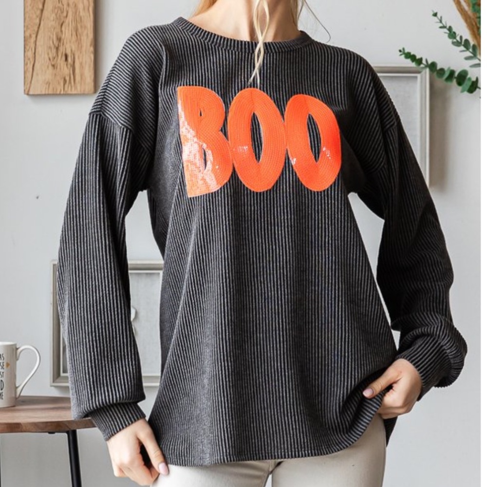 💲PLUS SIZED HEIMISH USA “ PUMPKIN 2 “ HEIMISH  RIBBED BOO PATCH SEQUIN TOP 57A - Picture 7 of 7